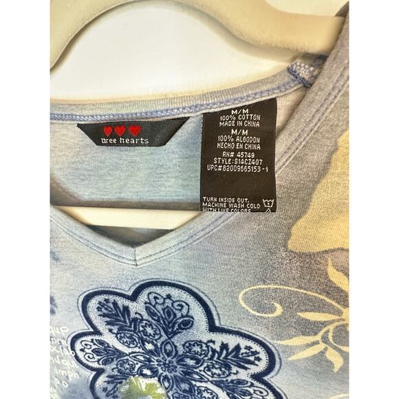 Vtg Y2K Three Hearts Blue Floral Whimsy Cottage Blouse Size Medium - Picture 3 of 6